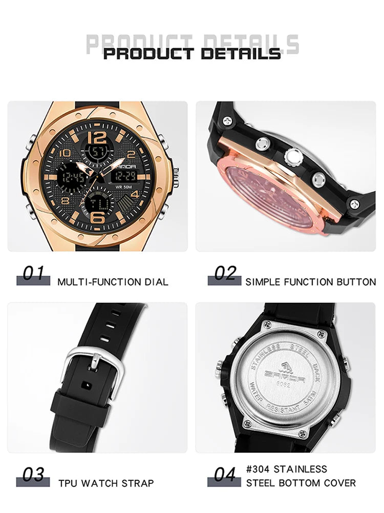 SANDA Luxury Ms LED Digital Sport Watch Fashion Casual Gold Wrist Watch Women Girl Military Waterproof Quartz Wristwatches 6062