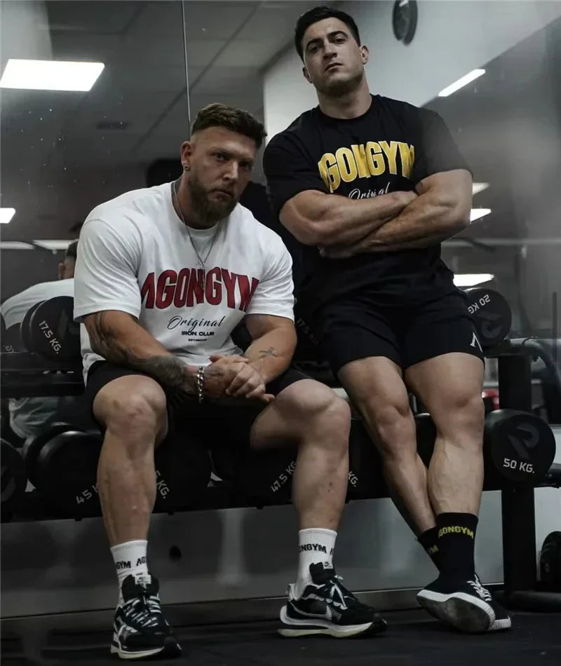 Men's White Oversized Gym T-Shirt, Agongym Bold Letter Graphic Print, Casual Workout Streetwear Tee for Lifting