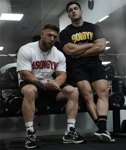 Men's White Oversized Gym T-Shirt, Agongym Bold Letter Graphic Print, Casual Workout Streetwear Tee for Lifting