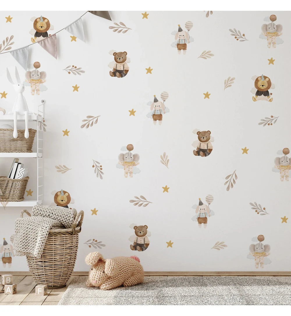 Boho Cute Cartoon Animal Elephant Lion Star Dreamy Wallpaper Stickers For Baby Girl Room Wall Decals Interior Playful Room Decor