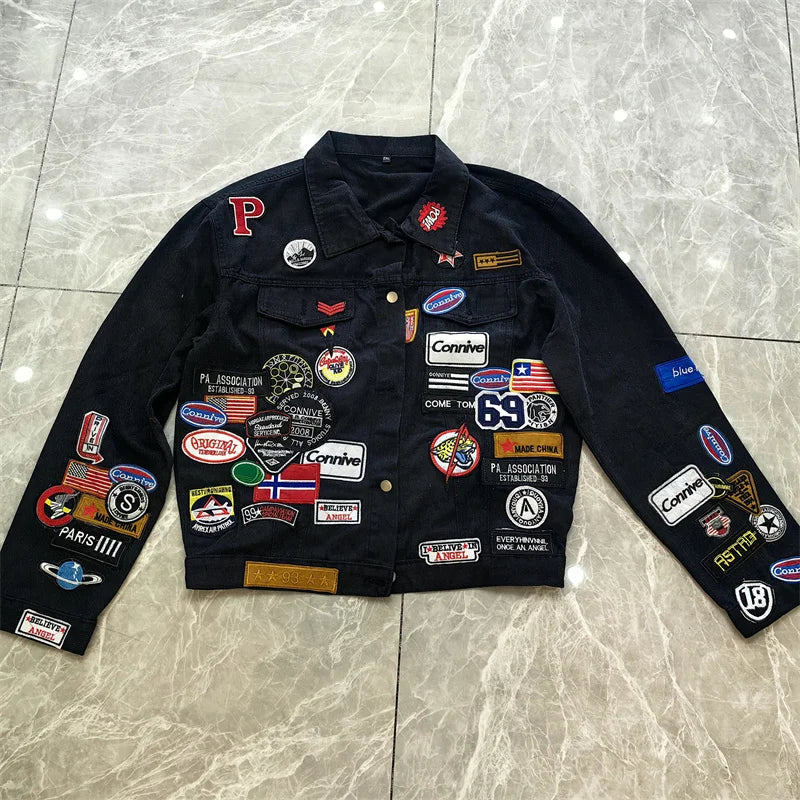 Y2K Spring and Autumn New Men's Embroidered Denim Jackets Trendy and Handsome Slim Fit Badge Jeans Coat