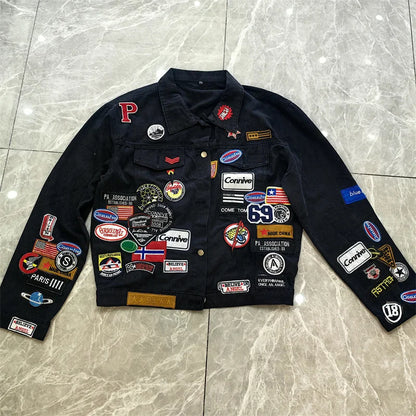 Y2K Spring and Autumn New Men's Embroidered Denim Jackets Trendy and Handsome Slim Fit Badge Jeans Coat