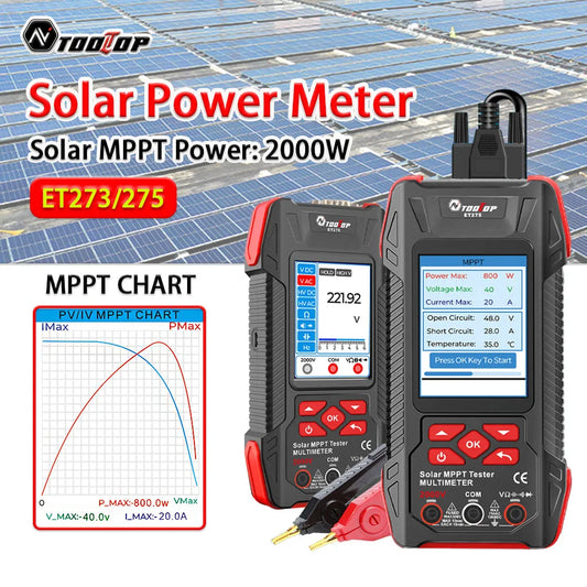 TOOLTOP 2000W Solar MPPT Power Tester 3.2 Inches 2KV 60000 Counts Multimeter Photovoltaic Solar Power Meter Pmax Voc Isc Test