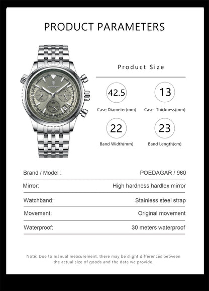 POEDAGAR Luxury Fashion Men Watch Stainless Steel Waterproof Luminous Quartz Male Clock Date Chronograph Military Men's Watches