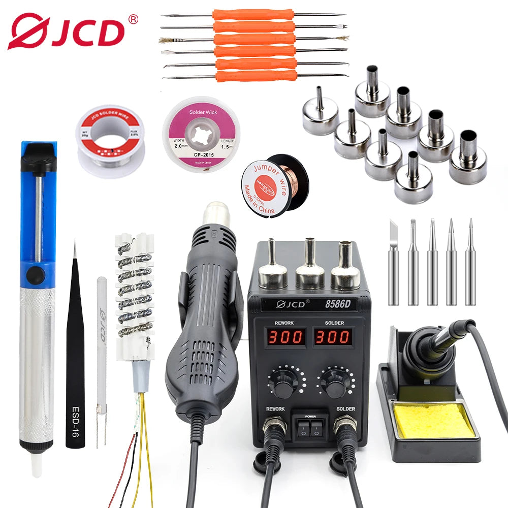 JCD 750W 8586D Soldering Station 2 IN 1 Hot Air Gun LCD Dual Digital Display Electric Soldering Iron SMD Welding Rework Station