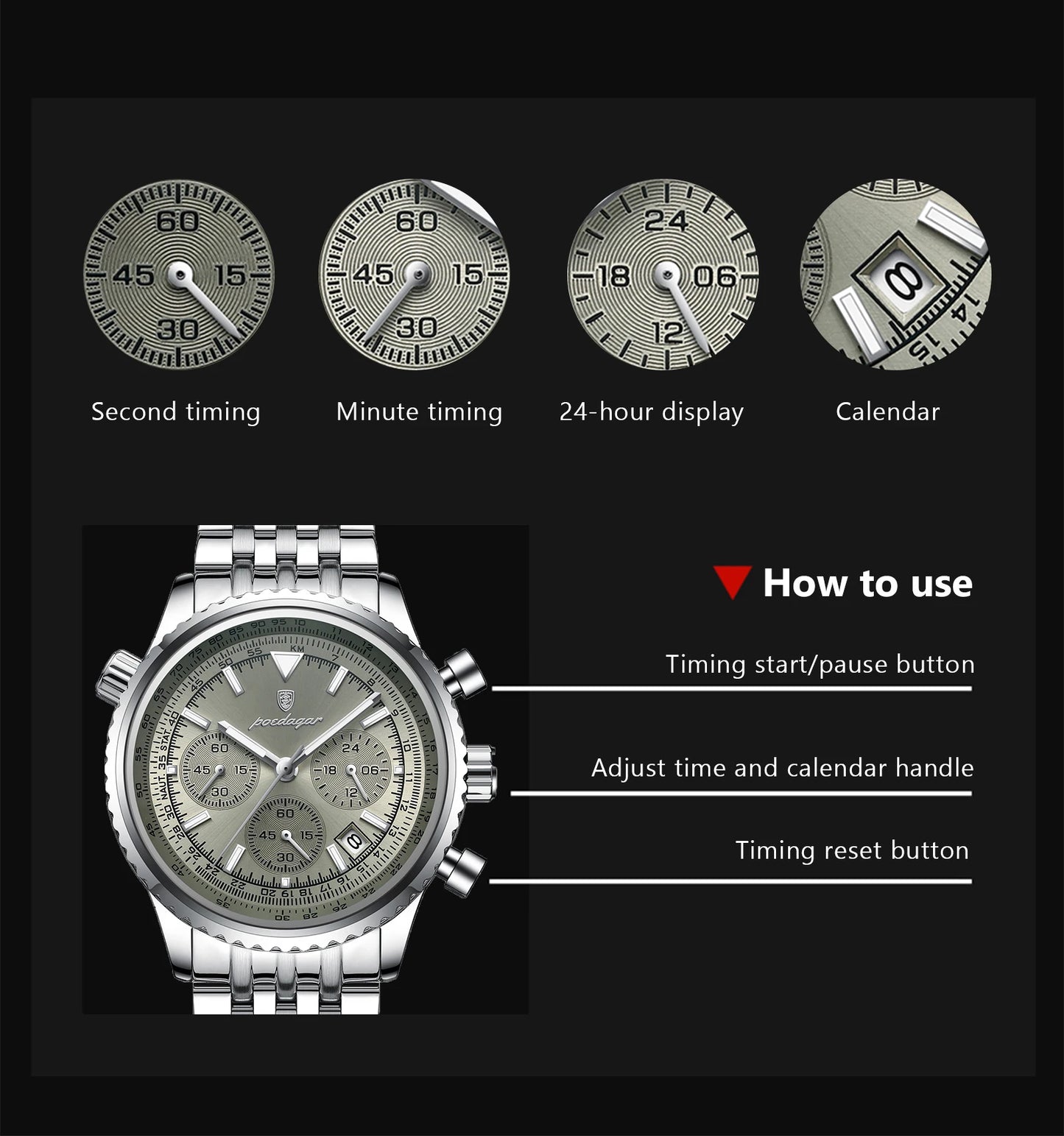 POEDAGAR Luxury Fashion Men Watch Stainless Steel Waterproof Luminous Quartz Male Clock Date Chronograph Military Men's Watches