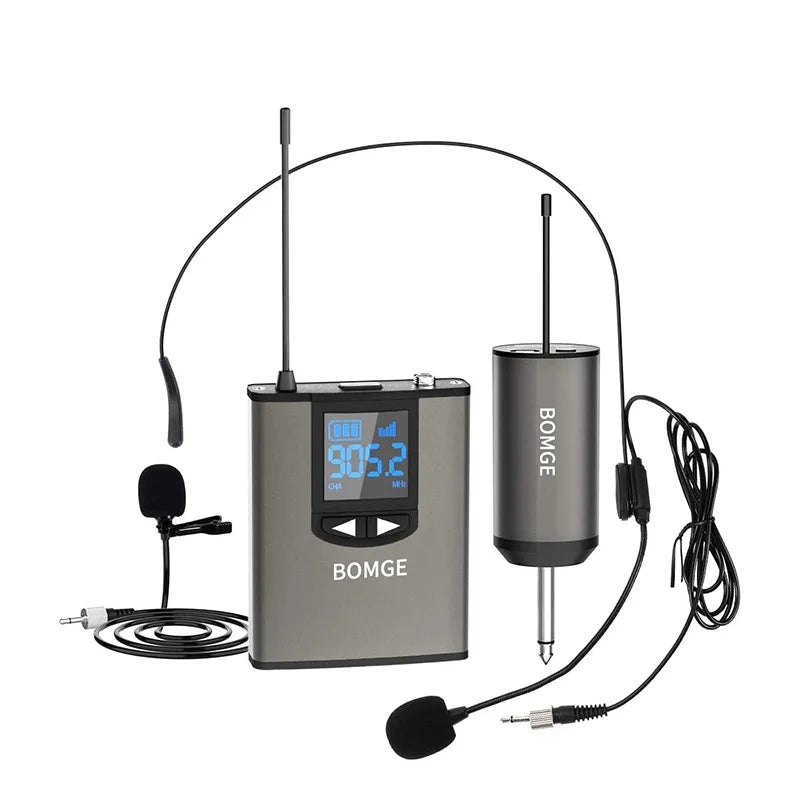 BOMGE Dual Wireless Microphone System Headset Mic/Stand Mic/Lavalier Lapel Mic with Rechargeable Bodypack Transmitter & Receiver