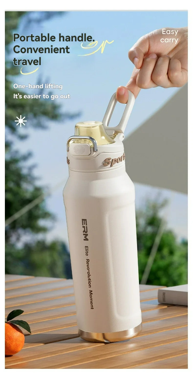 1L Stainless Steel Thermos Bottle, Iced & Heat Insulated Cup, Hiking Cycling Fitness Vacuum Flask with Handle