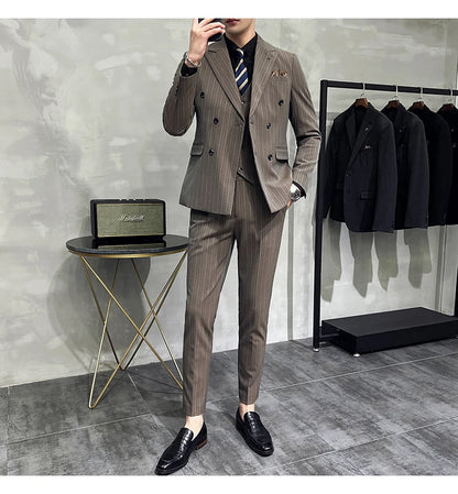Slim Fit Double-breasted Striped Suit Vest Trousers 3-Piece Set Korean Fashion M-7XL Men's Fashionable Striped Three-piece Suit