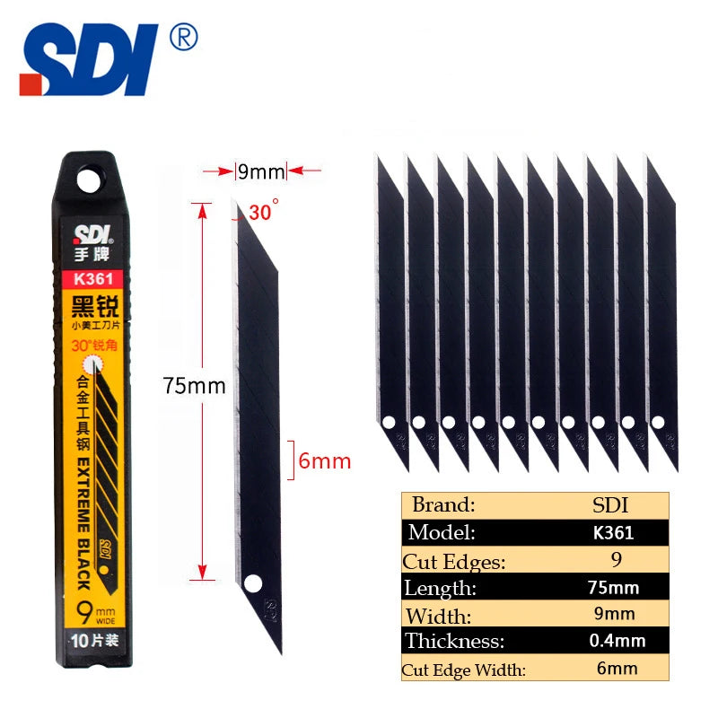 SDI 9mm Anti-Shaking Utility Knife 30-Degree Angle Sharp Black Steel Blades Box Cutter Auto Lock Professional Craft DIY Opener