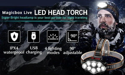 8*XPG LED Strong Light Headlamp Built-in 800mAh Battery USB Rechargeable Head Flashlight Outdoor Camping Fishing Head Light
