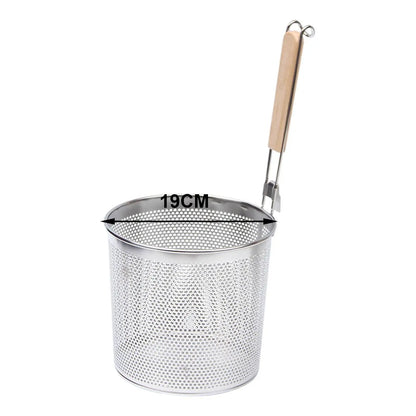 Stainless Steel Pasta Strainer Frying Serving Basket with Wood Handle for Onion