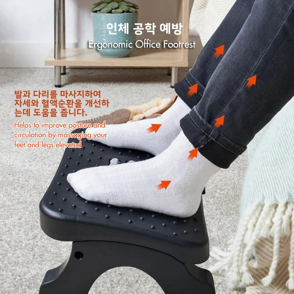 Ergonomic Under Desk Footrest Massage Rollers Leg Rest Pain Relief Non-slip Foot Stool Home Office Work Study Posture Correction