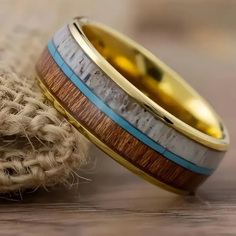 Fashion 8mm Rose Gold Color Stainless Steel Guitar String Rings for Men Koa Wood Inlay Ring Whiskey Barrel Mens Wedding Band