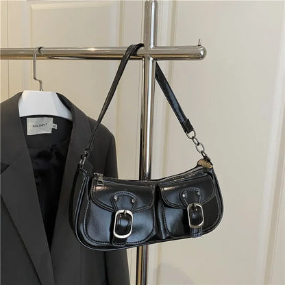Fashion Pu Leather Women's Shoulder Bag Small Double Pocket Design Ladies Underarm Bags Y2k Vintage Female Handbags Clutch Purse