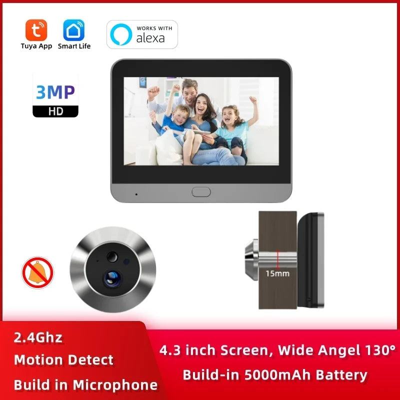 Tuya Smart 3MP  WiFi Peephole Video Door Camera Security one-way Audio Night Vision 4.3' HD Video Door Eye Camera