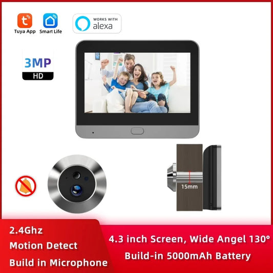 Tuya Smart 3MP  WiFi Peephole Video Door Camera Security one-way Audio Night Vision 4.3' HD Video Door Eye Camera