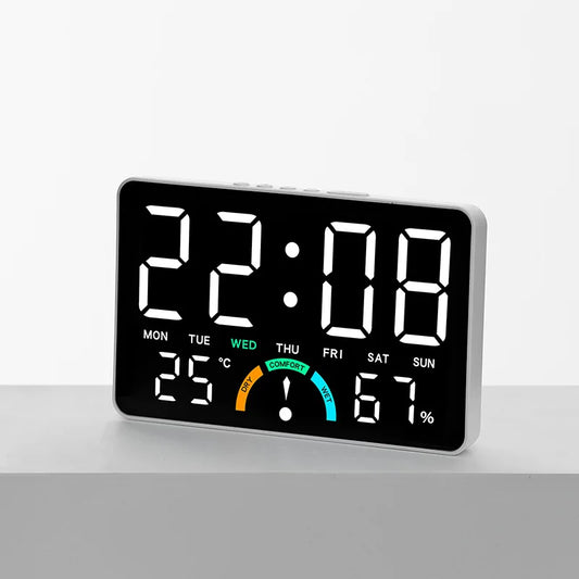 Digital Alarm Clock TEMP Humidity Week Comfort Level Dual Alarm Snooze Table Clock 12/24H Timer Auto Dimmable LED Wall Clock