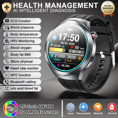 2026New 1.73-inch Sapphire AMOLED Smart Watch Men Women ECG Uric Acid Blood Pressure Health Track Call Clock Care Smartwatch NFC