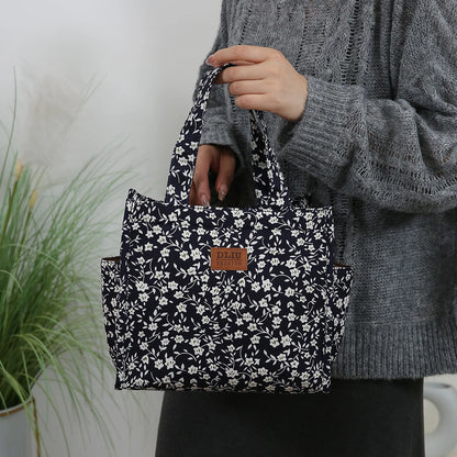 New floral print thickened fabric handbag, lunch bag, portable lunch box storage bag, zipper design, multifunctional tote