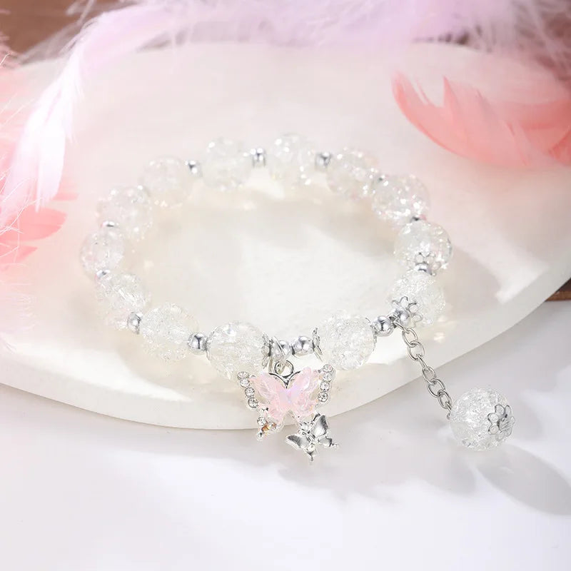 Bohemian Sweet Butterfly Beaded Bracelet for Women Girls Pink Color Imitation Jade Crystal Hand Jewelry Birthday Party Gifts
