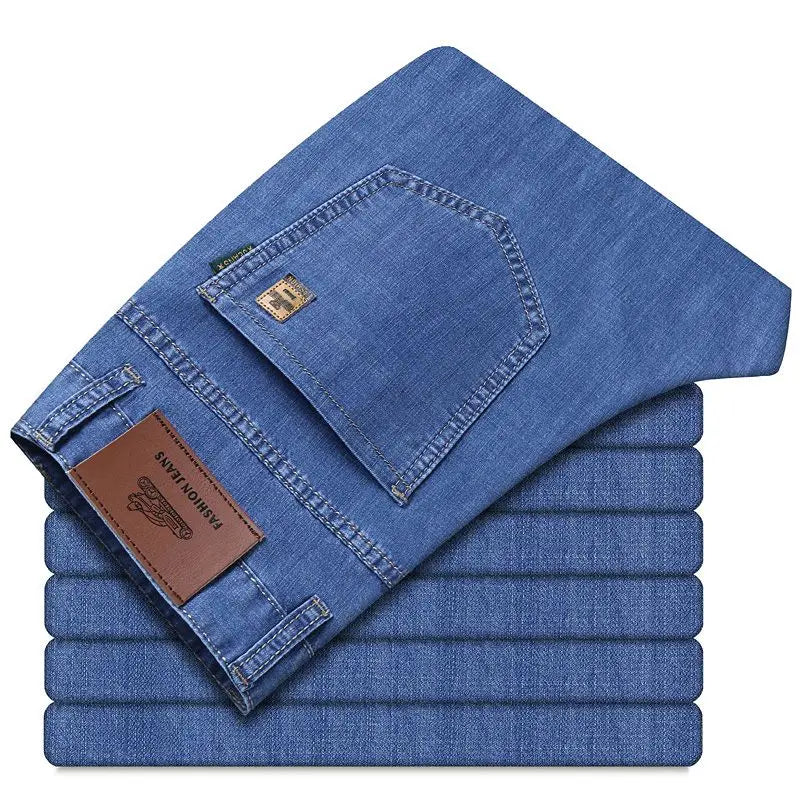 New Thin Denim Jeans Men Straight Leg Stretch Cotton Pants Business Casual Lightweight Denim Trousers Spring Summer Slim Pants