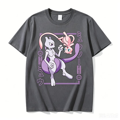 Pokémon Mewtwo Mew Printed Pure Cotton T-shirt for Men and Women Spring/Summer New Collection Fashion Short Sleeved Shirt