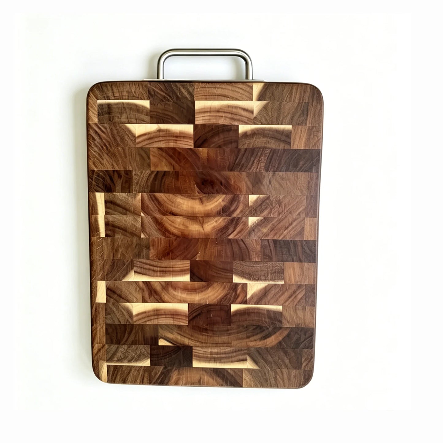 Large Acacia Wood Cutting Board, Checkerboard End Grain Butcher Block, Thick Reversible Wooden Chopping Board with Metal Handle