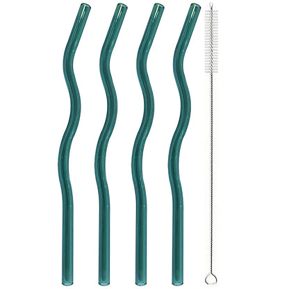 4pcs 200*8mm Glass Straws Wavy Colorful Drinking Straw Set with Brush High Borosilicate Glass Straw Kitchen Party Bar Drinkware