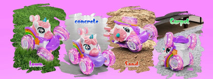 Unicorn Remote Control Car for Girls, 360° Rotating 4WD Stunt RC Cars with Cute Lights, Rechargeable Toys-Kid for Birthday Gifts