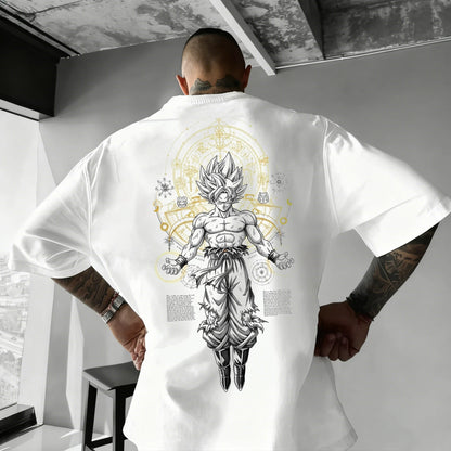 2026 Summer Dragon Ball Oversized T-shirt High Quality 100% Cotton Kid Goku with Power Pole Line Art Print UnisexCasual Y2K