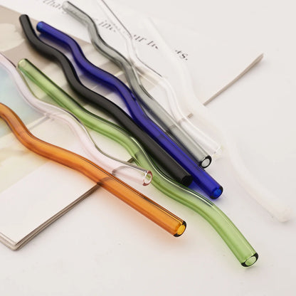 4pcs 200*8mm Glass Straws Wavy Colorful Drinking Straw Set with Brush High Borosilicate Glass Straw Kitchen Party Bar Drinkware