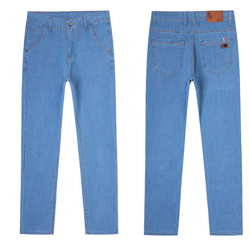 Classic Style Summer Men's Light Blue Thin Straight Jeans Business Casual Stretch Denim Pants Male Brand Loose Trousers