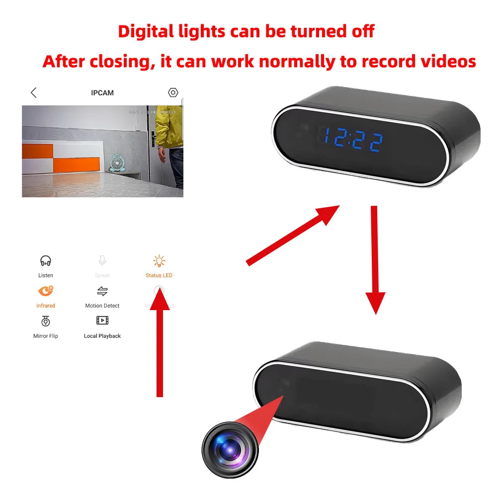 Improved 4KHD mini WiFi clock camera, supporting remote viewing, motion detection, infrared night vision, and home mini camera