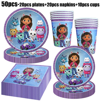 Gabby Dollhouse Birthday Party Supplies Plates Cups Tablecloth Napkins Gabby Cat Birthday Decoration Supply Kit Kids Party Favor