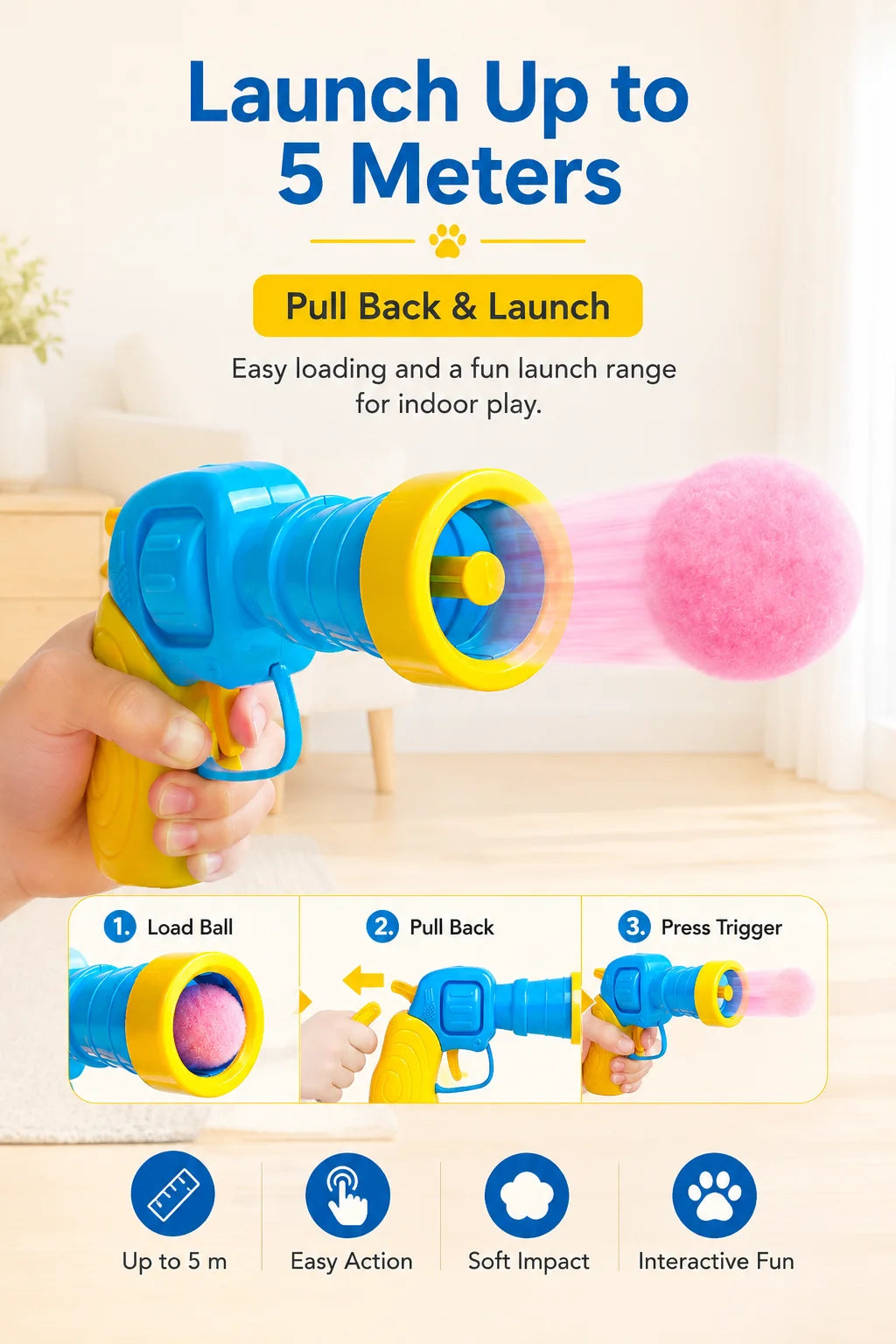 Interactive Cat Toy Pom Pom Ball Launcher Quiet Fuzzy Ball Shooter Indoor Chase Play Kit with 100 Colorful Soft Balls for Cats