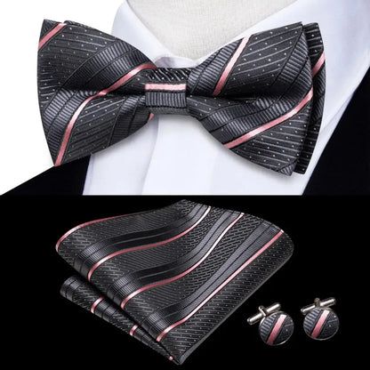 Hi-Tie Mens Bow Tie Hanky Cufflinks Set White Black Gray Silver Pre-tied Butterfly Knot Bowtie for Male Wedding silk Business