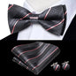 Hi-Tie Mens Bow Tie Hanky Cufflinks Set White Black Gray Silver Pre-tied Butterfly Knot Bowtie for Male Wedding silk Business