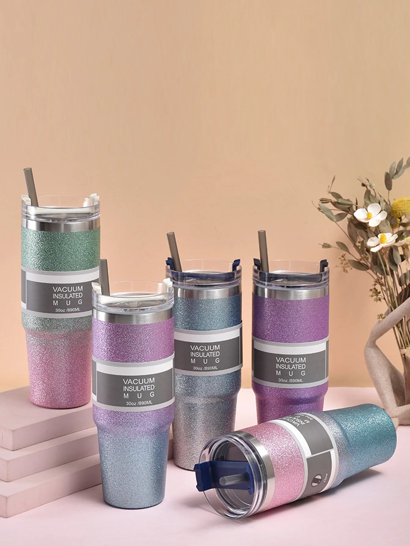 Gradient starlight double-layer stainless steel insulated and chilled cup - with a straw, flat-bottled cup, coffee cup, car cup