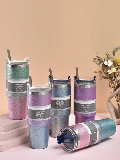Gradient starlight double-layer stainless steel insulated and chilled cup - with a straw, flat-bottled cup, coffee cup, car cup