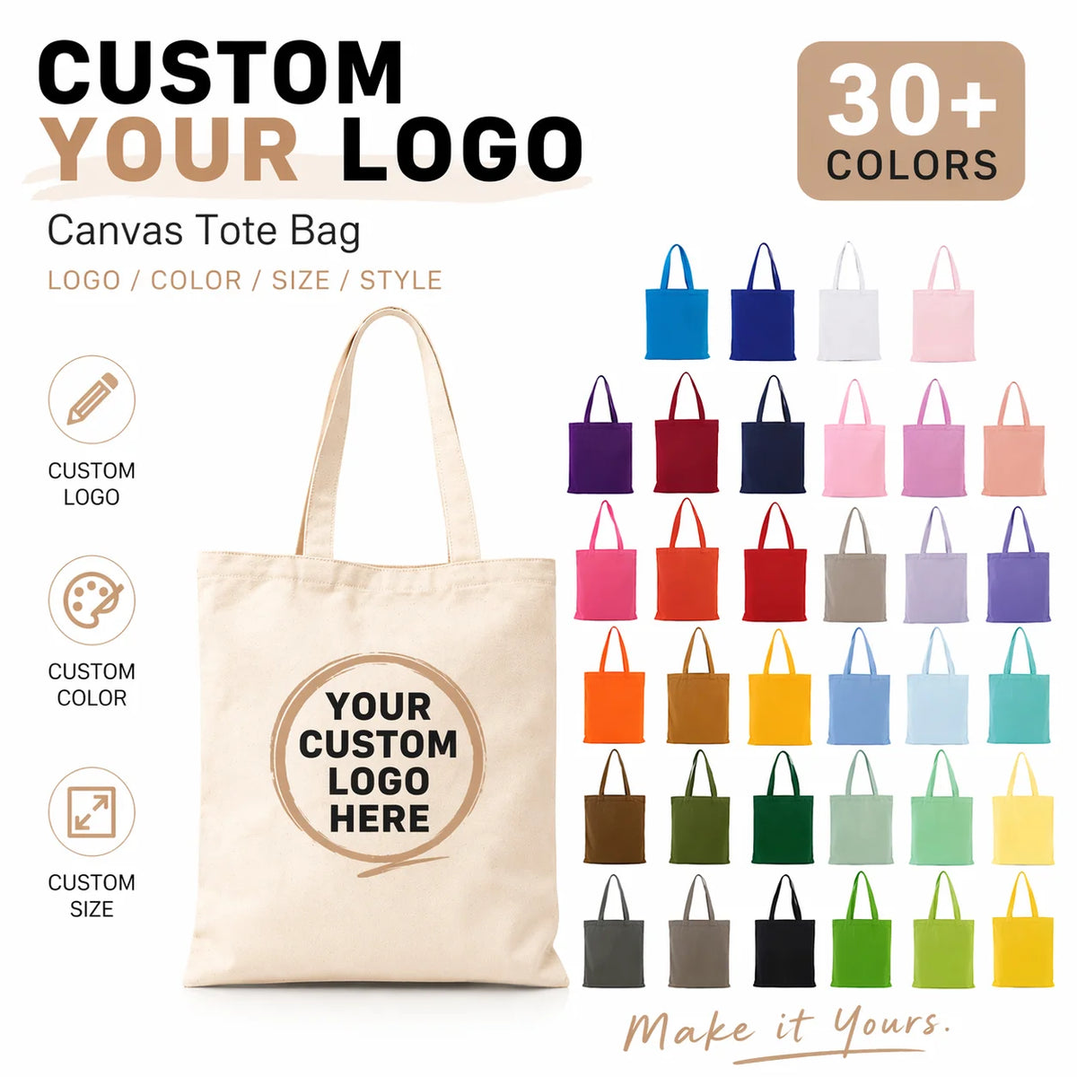 Wholesale 50pcs/Lot Reusable Canvas Tote Bags Custom Logo Shopping Bags Bulk Promotional Eco-Friendly Cotton Grocery Bags