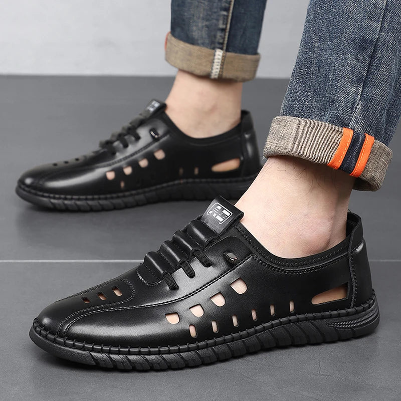 Men's Comfortable Breathable Business Hollow Loafers Slip-On Soft Bottom Sandals Easy Wear Hole Hole Shoes-HT2273