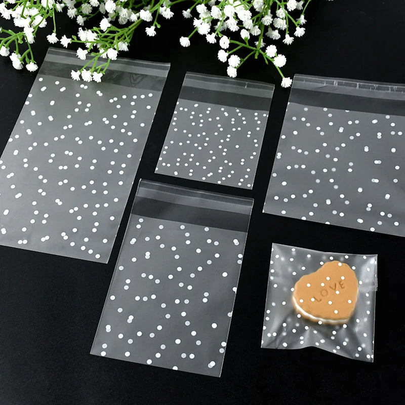 100pcs Plastic Transparent Cellophane Bags Polka Dot Candy Cookie Gift Bag Self Adhesive Candy Bags for Wedding Birthday Party
