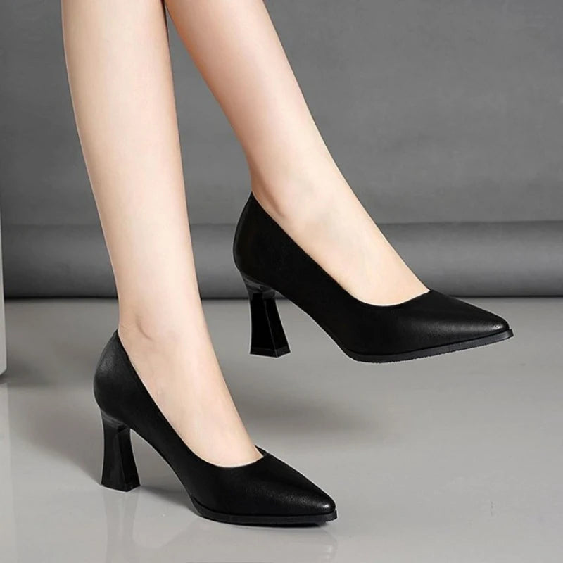 Women's Pumps, Lightweight Breathable Soft Leather Pointed Toe Heels, Square Block Heel Formal Shoes for Office & Business