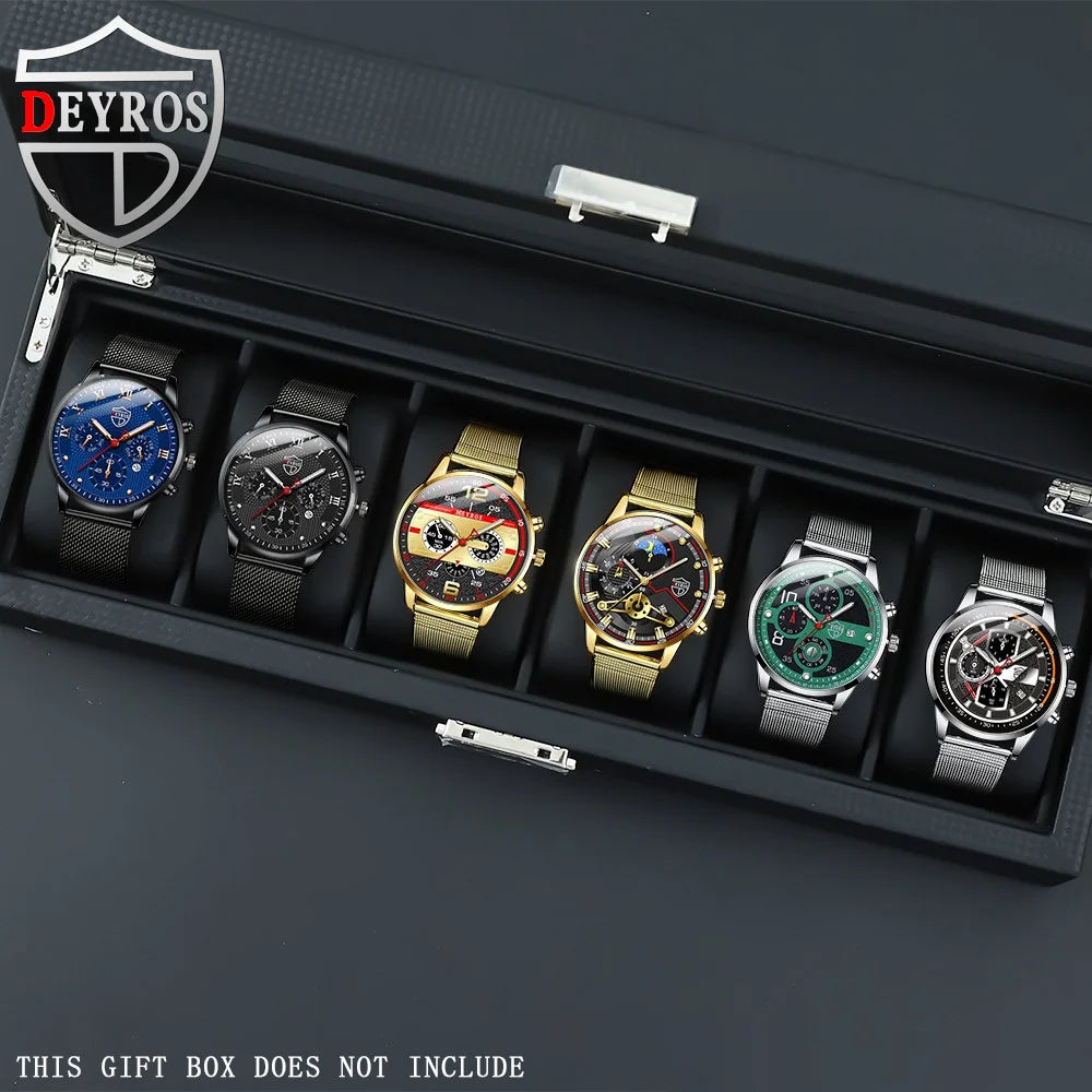 DEYROS Luxury 1/6 Pcs/ Set Men's Watch Set Quartz Outdoor Mesh Alloy Strap Trendy Style Men's Watches Gift Ideas
