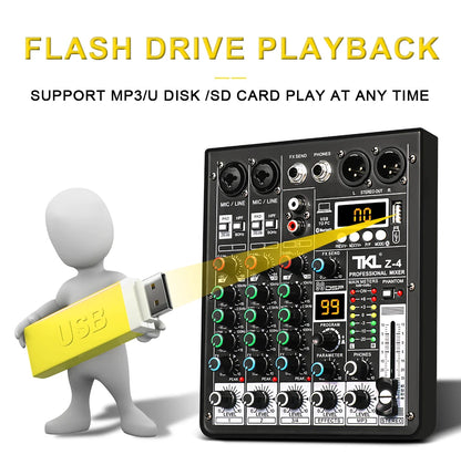 TKL 4 Channel 99 DSP Audio Mixer 48V Phantom Power USB Studio Sound Mixers Bluetooth DJ Console Mixing for Karaok