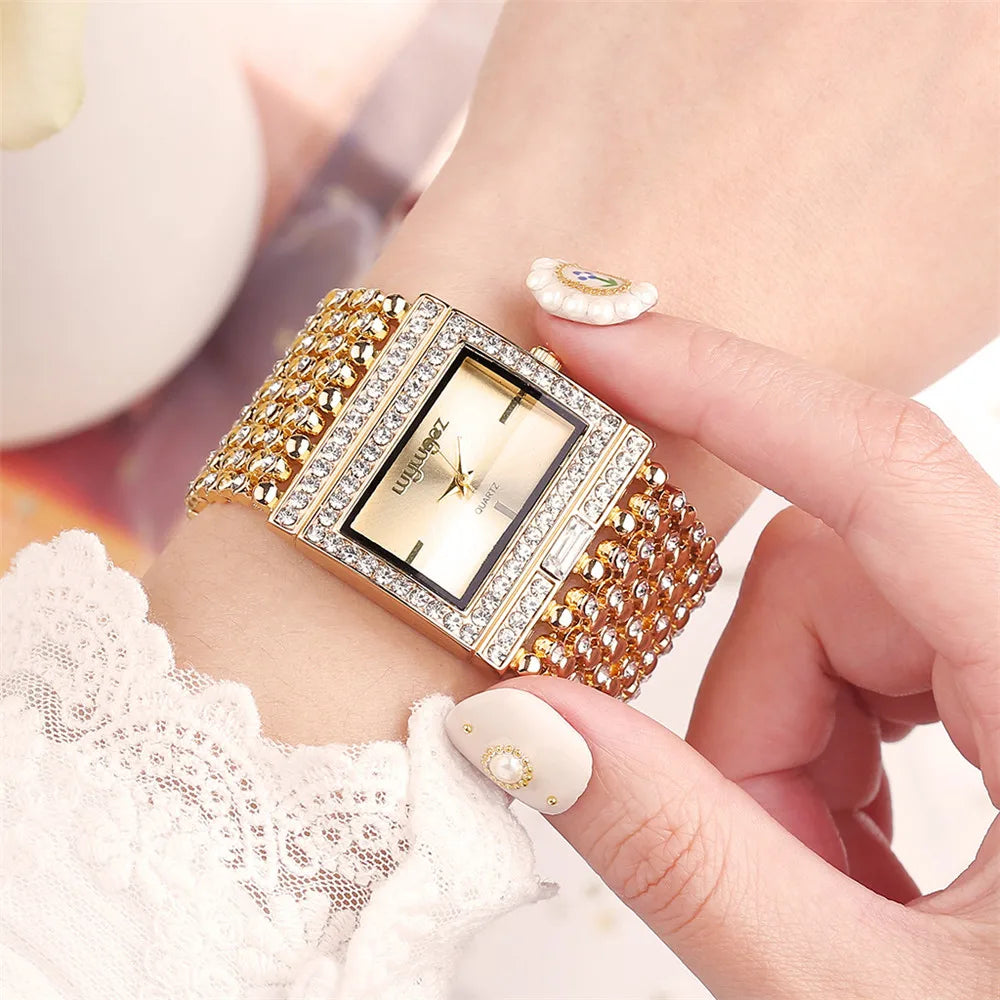 Ladies Luxury Gold Quartz Watch Fashion Diamond Set Square Crystal Design Women Watches Casual Skeleton Clock Dress Wristwatches