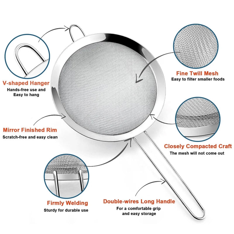 1/3/4Pcs/Set Stainless Steel Wire Fine Mesh Oil Strainer Flour Colander Sieve Sifter Pastry Baking Tools Kitchen Accessories