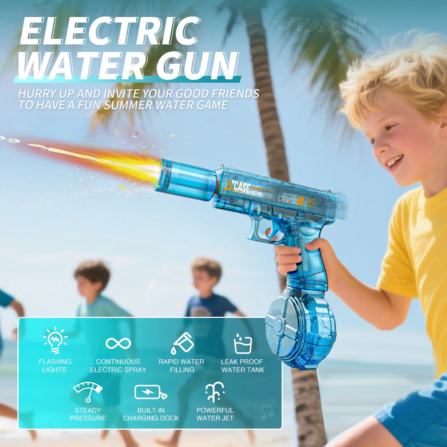 Electric Water Gun, Automatic Squirt with Pistol Realistic Gun Muzzle Flame Summer Outdoor Beach Swimming Pool Party Toy