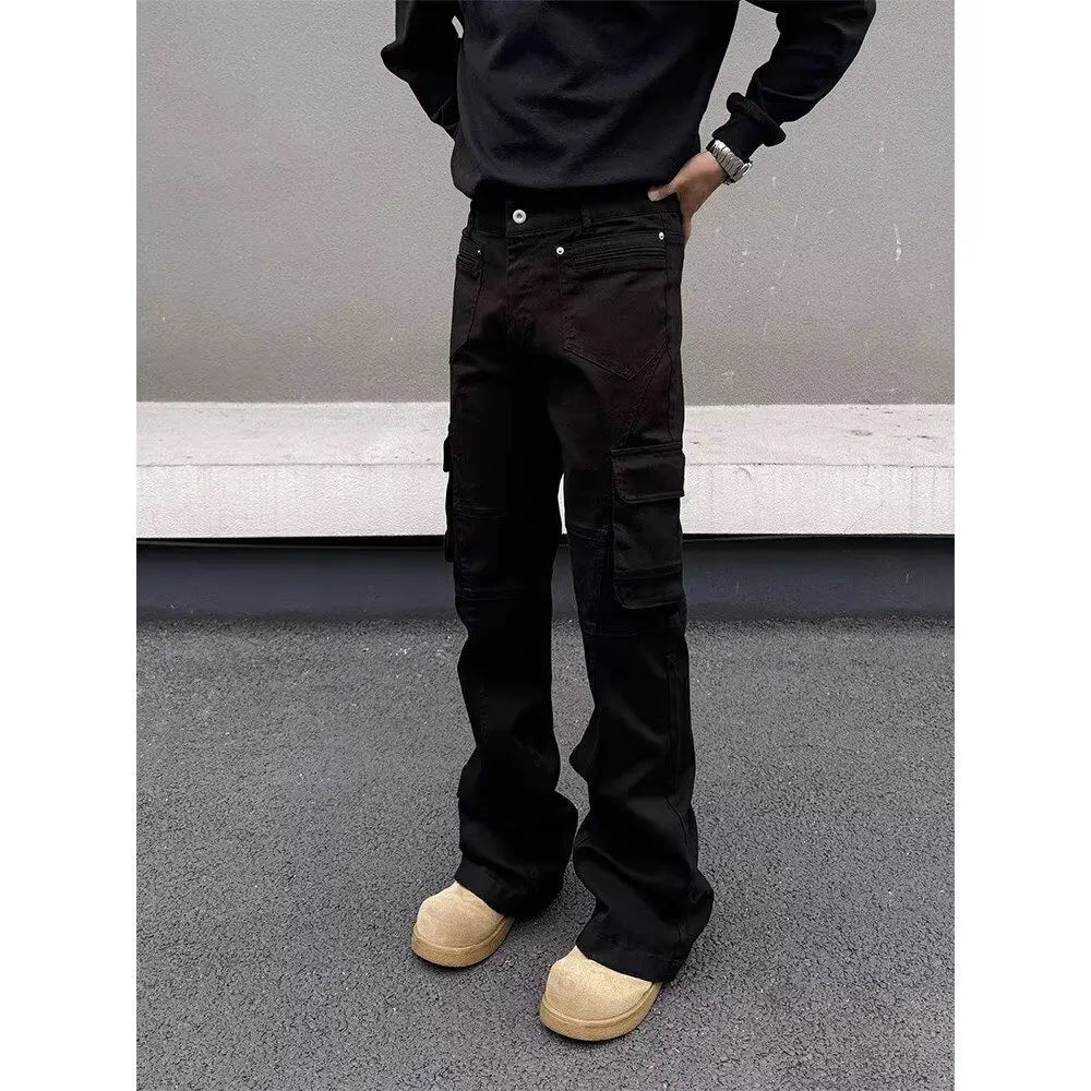 American style Vibe retro heavy industry multi pocket splicing workwear jeans men's straight tube micro flared slim fit long pan
